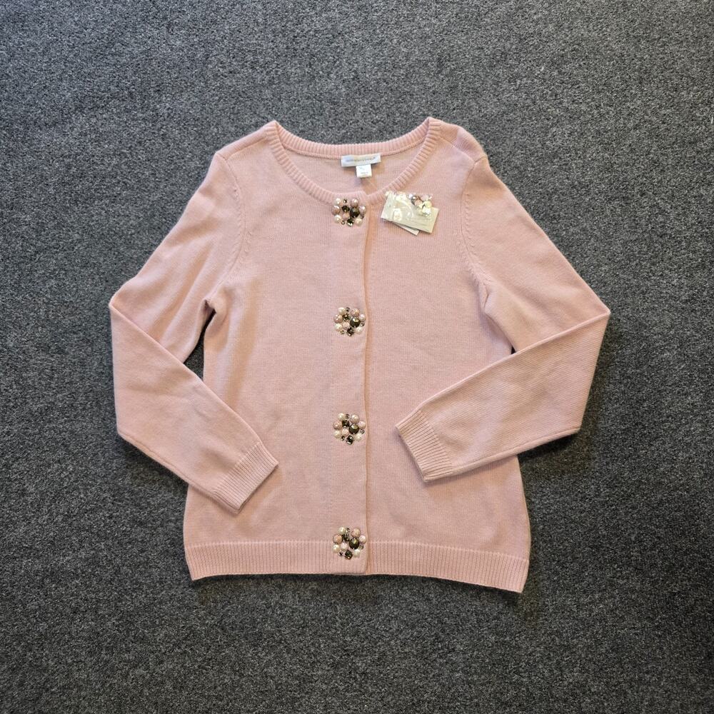 Christopher Banks Sweater Women Small Pink Beaded Rabbit Hair Lamb Wool Cardigan